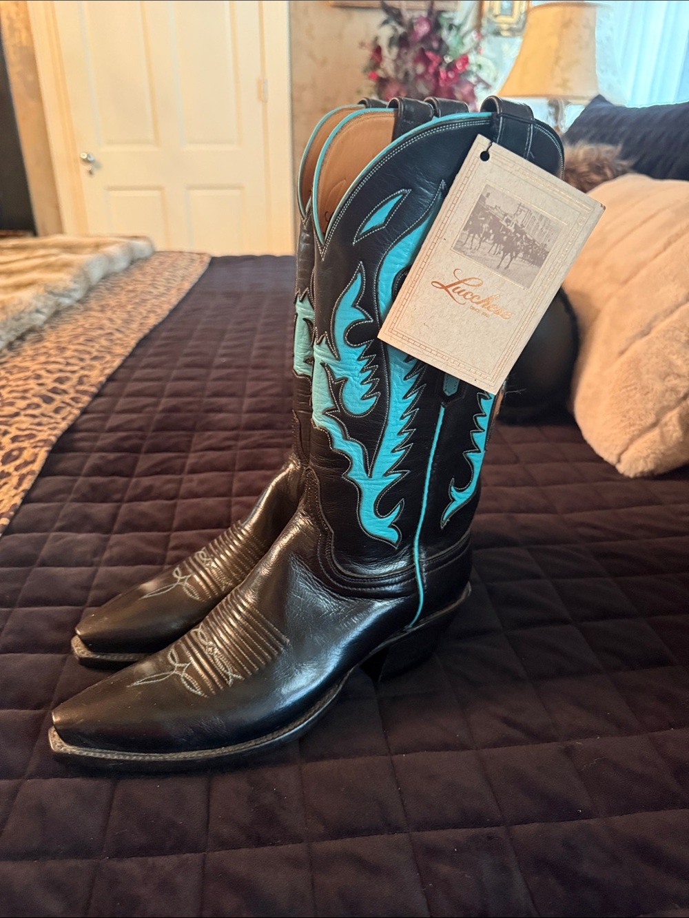 Lucchese Black Cowboy Boots with Turquoise Inlay Women's